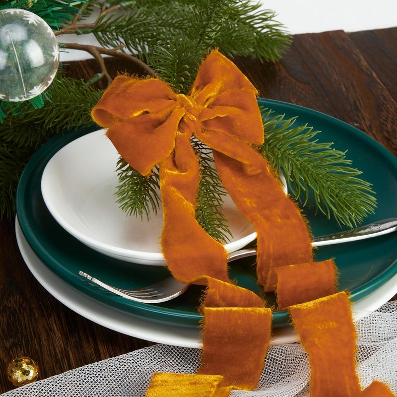 Keypan Orange Velvet Ribbon for 1-1/2 inch Wide Handmade Fringe Fabric Fall Terracotta Ribbons for Christmas Decorations, Baby Shower, Flower Bouquet Gift Wrapping - Image 5